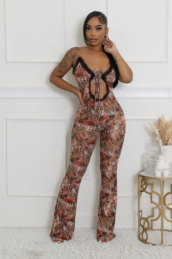 Cutout Leopard Jumpsuit, Sexy Flared Tie Front One Piece Outfit