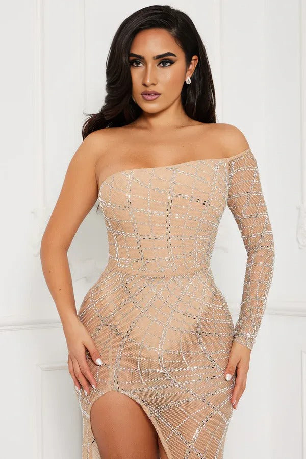 Long Sleeve Embellished Maxi Dress, One-Shoulder Sparkly Evening Gown