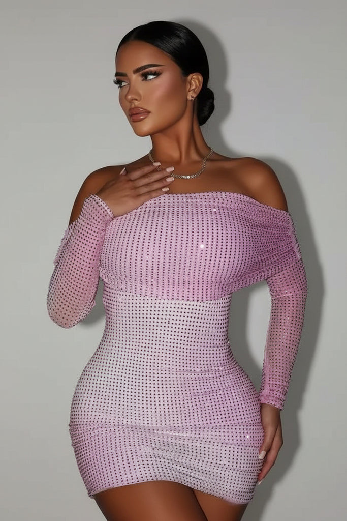 Off Shoulder Sparkly Mini Dress, Gradient Glitter Bodycon Party Dress
