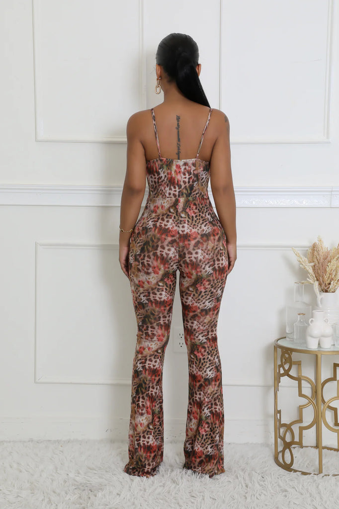 Cutout Leopard Flared Jumpsuit