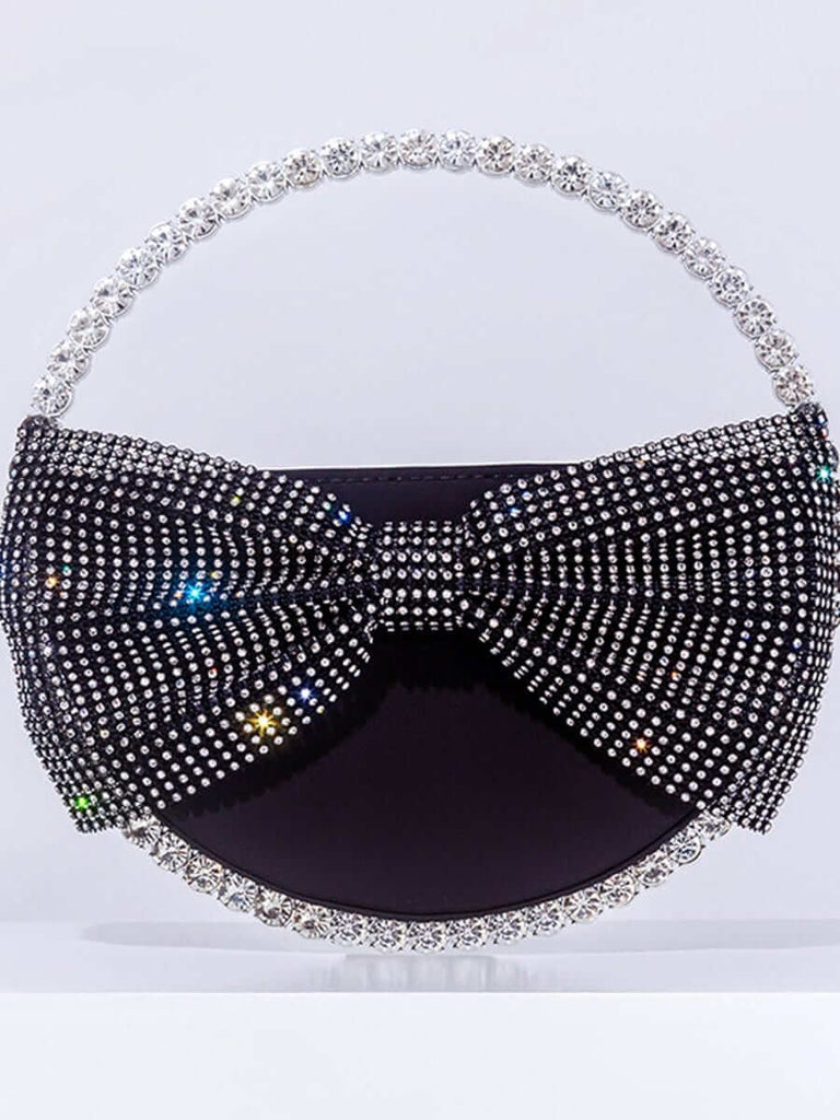 Round Rhinestone Bow Clutch Bag, Sparkly Mini Purse