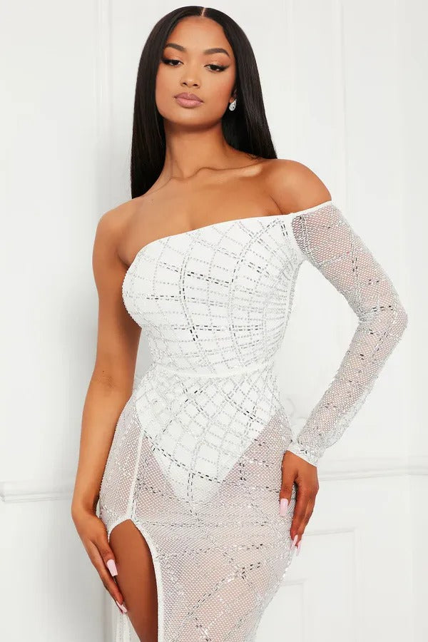 White One-Shoulder Sparkly Evening Gown