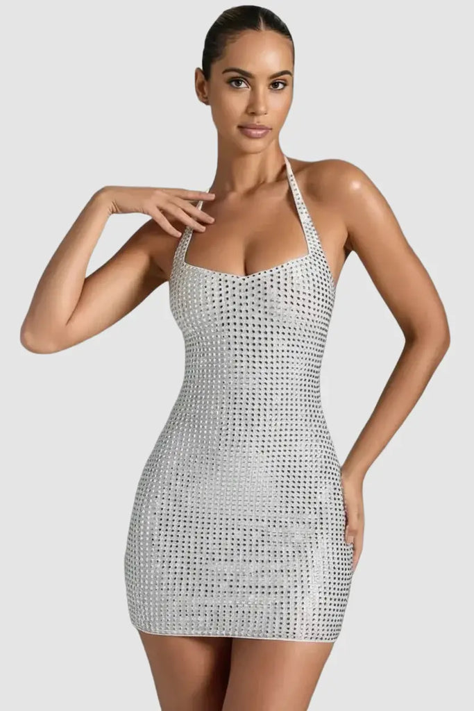 Rhinestone Halter Mini Dress, Embellished Party Dress