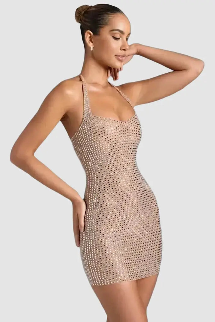Rhinestone Mini Dress, Embellished Halter Party Dress